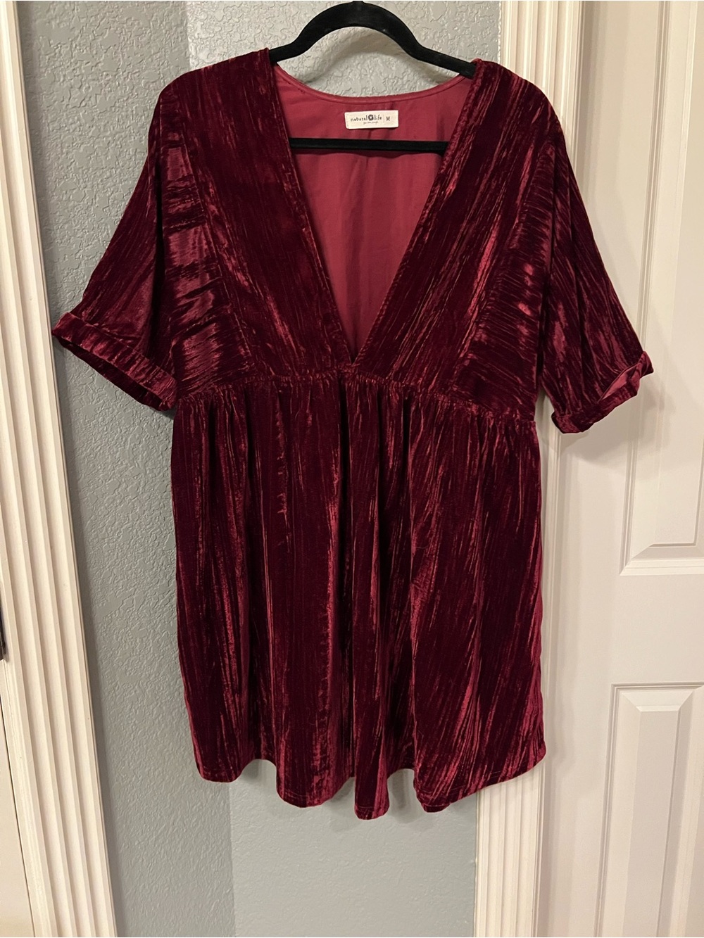 Velvet Deep V Short Sleeve Tunic Dress, Maroon